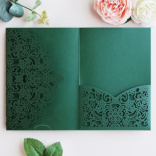 Hosmsua 50PCS Personalized Emerald Green Laser Cut Quinceanera Invitation Pocket, 5.12 x 7.2 Laser Cut Lace Flora wedding Invitation with Envelopes for Sweet 16, Mis XV, Quince Invitation by Hosmsua