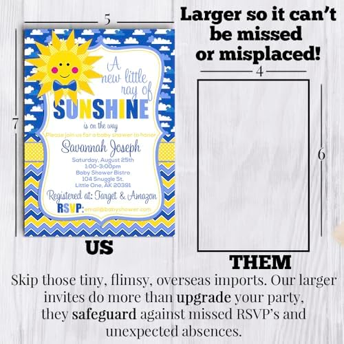 Custom Baby Shower Invites Boy Sunshine Baby Shower Invitation 20 5x7 Custom Personalized A Little Ray of Sunshine Shower Invites With Envelopes - Unique Sunshine Theme - Image 7