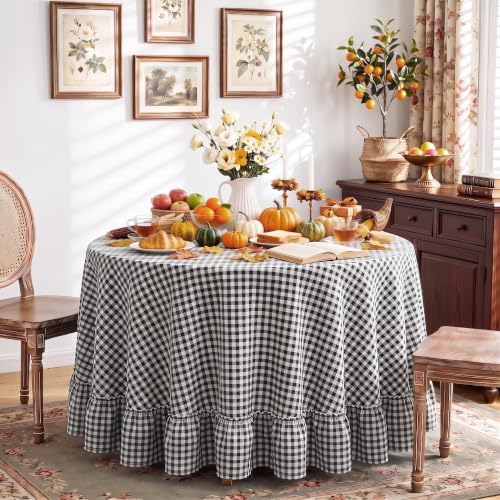 Eternal Beauty Gingham Ruffled Tablecloth Black White 90 Round Farmhouse - Image 3