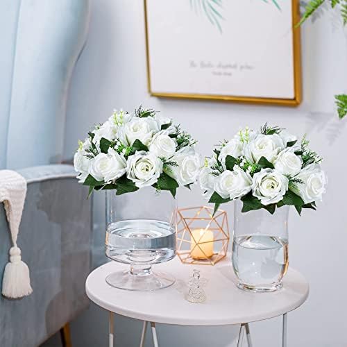 Sziqiqi Faux Silk Roses Artificial Flower Centrepieces, White, 10Pcs - Image 3