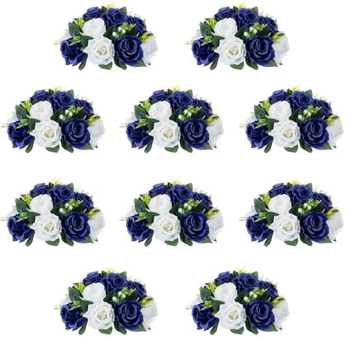 10Pcs Artificial Rose Balls for Centerpieces (Navy Blue & White) by QUTUNI