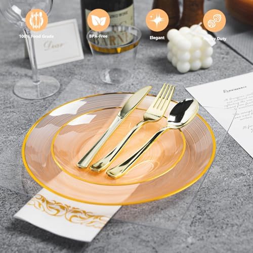 N9R 180PCS Orange Plastic Plates Gold Rim, Disposable Party Dinnerware Set - Image 3