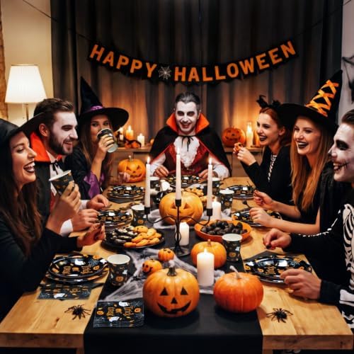 250 Pcs Halloween Party Supplies, Paper Plates Napkins and Cups, Black - Image 6