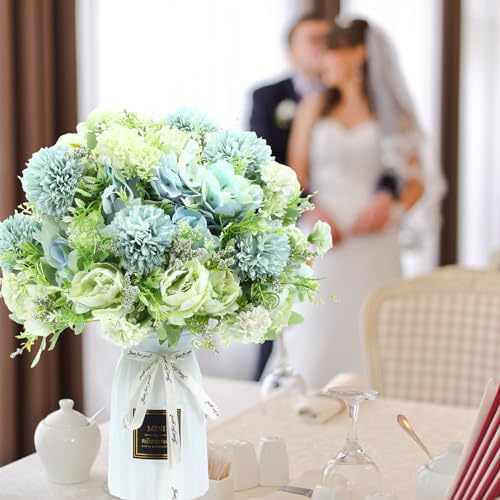Tigeen 12 Bundles Artificial Flowers Bouquet Silk Peonies, White Green - Image 6