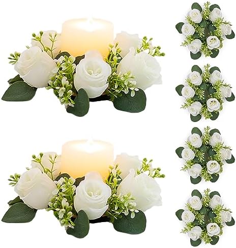 NUPTIO White Flower Wreath for Table Centerpieces, 9.05 Inch, Set of 6 by Nuptio