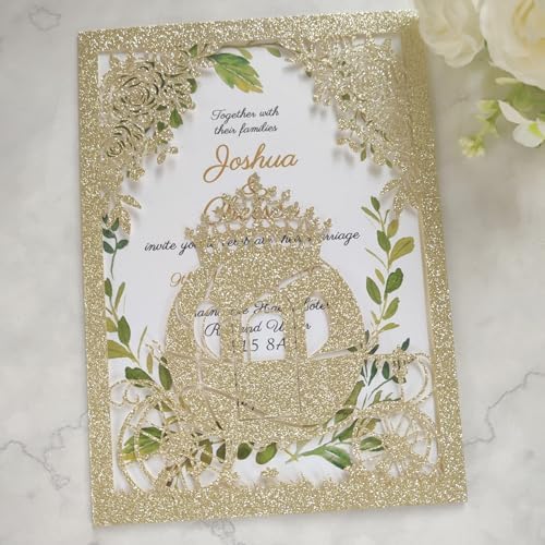 20PCS Princess Carriage quinceanera invitations,15 year,sweet 16 invitations,1 birthday invitations,laser cut invitations for birthday and more (light rose gold) by JOACHUUY