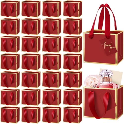 Yeaqee 100 Pcs Mini Metallic Paper Gift Bags with Handle, Burgundy Red, Gold by Yeaqee