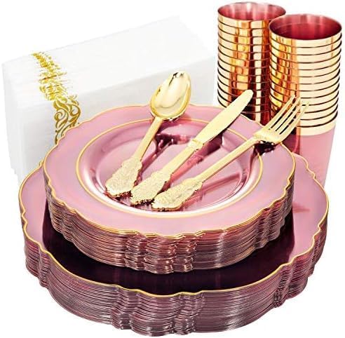 KIRE 210Pcs Clear Pink Plastic Plates with Gold Rim - Disposable Pink Plates for Party - 30 for Dinner 30 for Dessert 90 Silverware 30 Napkins 30Cups for Upscale Wedding/Party/Baby Shower by KIRE