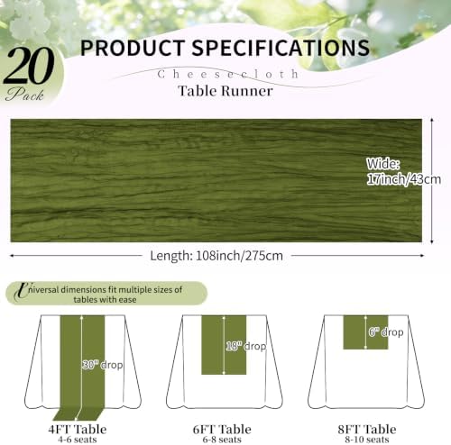20 Pack Olive Green Cheesecloth Table Runner, 17x108 Inch Semi Sheer Boho Gauze Cheese Cloth Fabric Table Runners for Wedding Party Baby Shower Birthday Garden Farmhouse Table Decor - Image 2
