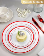 Goodluck 200 Pack Red Rim Plastic Plates - 100 Dinner Plates (10.25") & 100 Dessert Plates (7.5") - Heavy Duty Disposable White Plates with Elegant Red Trim - Premium Dinnerware Set for Wedding - Image 6