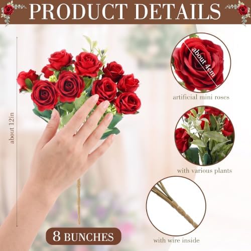 Zeyune 8 Pack 12 Inch Artificial Rose Bouquet, Red - Image 2
