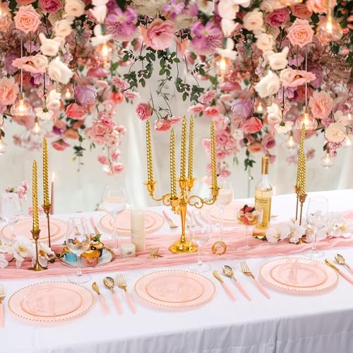 Supernal 102Pcs Gold Disposable Utensils with Pink Handle for Wedding Party - Image 2
