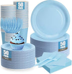 250Pcs Light Blue Paper Plates and Napkins Supplies Include 9’’Paper Party Plates, 7’’Dessert Plate Cups Napkins Forks for Baby Shower, Wedding, Birthday, Serves 50 by CENLBJ