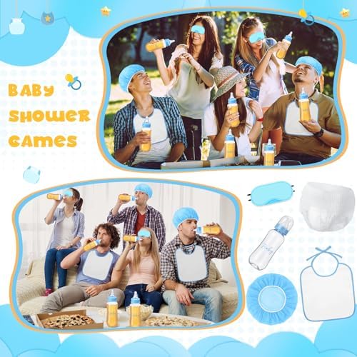 6 Sets Bottle Chug Baby Shower Blind Games Juegos Para Include Plastic Bottles Bibs Hat Eye Mask Disposable Diapers Blindfolded Baby Shower Bottle Games Gender Reveal Decoration (Blue) - Image 5