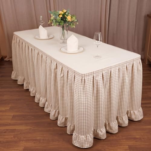 Flutesan 14 ft Brown Gingham Table Skirt for Rectangle Tables - Image 4