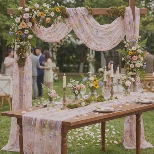 Pink Floral Table Runner 10ft Embroidery Tulle Spring Wildflower Table Runner Seasonal Summer Butterfly Kitchen Dining Gauze Decoration for Wedding Baby Shower Birthday Party (3 Pcs) - Image 3