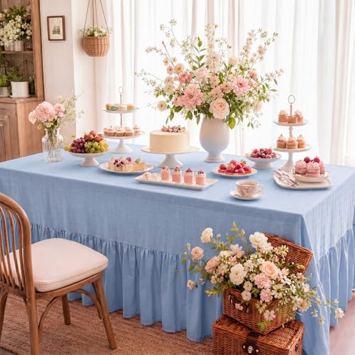 Moukeren 120"x60" Ruffled Tablecloth Table Cover, Blue, Classic - Image 7