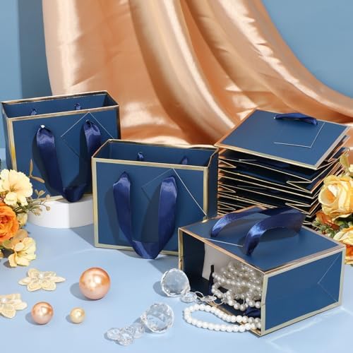 Yeaqee 100 Pcs Mini Metallic Paper Gift Bags with Handle, Navy Blue, Gold - Image 5