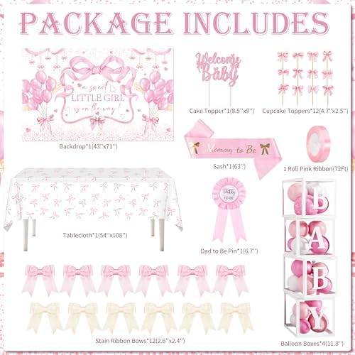 143PCS Pink Bow Baby Shower Decorations for Girl Welcome Baby Girl Party - Image 2