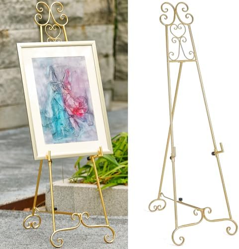 Metal Large Free Standing Adjustable Display Stand Scroll Easel with Chain Support, Gold Easel Stand for Sign, Heavy Duty Easel for Mirror, Wedding, Picture Frame (No Installation Required) by XAONIEN