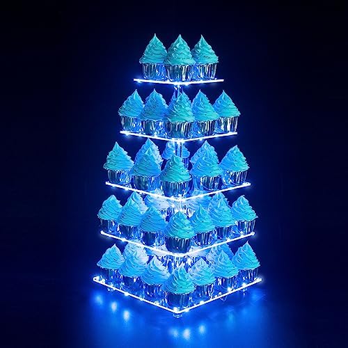 Cupcake Stand, 5-Tier Square Cupcake Holder with LED Light String, Acrylic Cupcake Tower Display-Dessert Tower-Pastry Stand-Cupcake Tier Stand for Wedding, Birthday Party (Blue Light) by OLACHIKKO