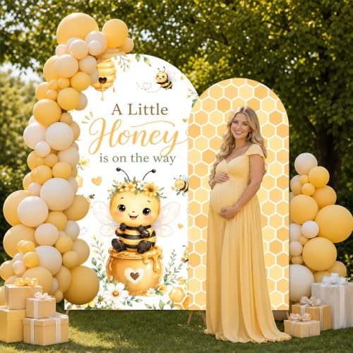 2PCS A Little Honey is on the Way Arch Backdrop Cover 6ft 7.2ft Stretchy Spandex Fitted Bumble Bee Baby Shower Backdrop for Honey Bee Baby Shower Party Decorations Supplies Photo Props - Image 5
