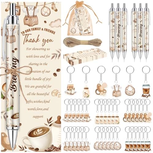 145 Pieces Coffee Baby Shower Favors for Guest A Baby is Brewing Ballpoint Pens and Keychains Gifts Bulk Retractable Baby Shower Pens Gender Reveal Thank You Cards Souvenirs Games Prizes Favors by EYNDYN