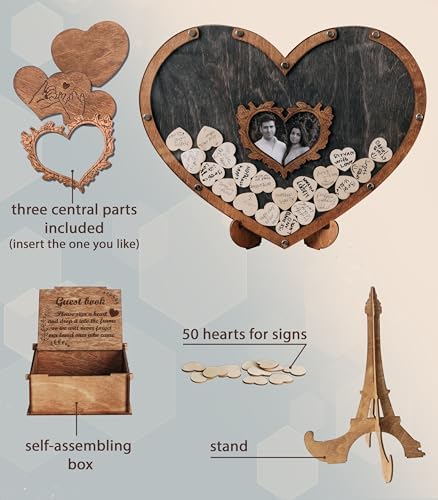 RIZONE Rustic Wedding Guest Book, Heart Drop Guest Book, Personalized Wedding Guest Book Alternative, Heart Frame Wedding Guest Book, Guest Book Sign, Wedding Decor, Wooden Drop Box (oak-ebony50) - Image 2
