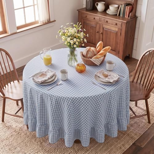 Eternal Beauty Gingham Ruffled Tablecloth Dusty Blue White 90 Round Wedding by EternalBeauty