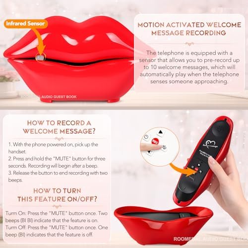 Audio Guest Book Phone for Weddings & Parties, Lip-Shaped Voicemail Recorder, Custom Message Recording, Adjustable Volume, Replay Function (Red) - Image 5
