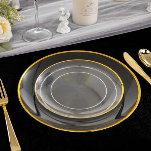LIYH 60 Pcs Clear and Gold Plastic Plates Heavy Duty Clear Disposable Plates for Party Gold Plastic Plate for Wedding Birthday Include 30 Dinner 30 Dessert Plate - Image 6