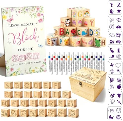 140 Pcs Baby Shower Blocks to Decorate Game Kit Includes Wooden Blocks Markers Game Sign Storage Box for Baby Shower Gender Reveal Activity Party Decorations by Unknown