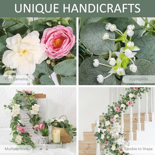 TOCHGREEN 2 Pack Artificial Eucalyptus Flower Garland with Pink White Roses - Image 4