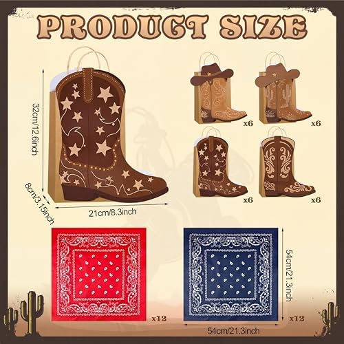 Tinlade 24 Sets Western Cowboy Boots Gift Paper Bags with Paisley Bandanas Western Party Decorations Wild West Kraft Gift Bag Rodeo Cowgirl Boot Hat Goodie Bag for Bachelorette Last Rodeo Party - Image 2