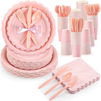 Ziliny 350 Pcs Light Pink Plates and Napkins, 50 Guest Spring Party Supplies Include Scalloped Paper Plates Napkins Cups Plastic Spoons Forks Knives Disposable Tableware Set for Baby Shower by Ziliny