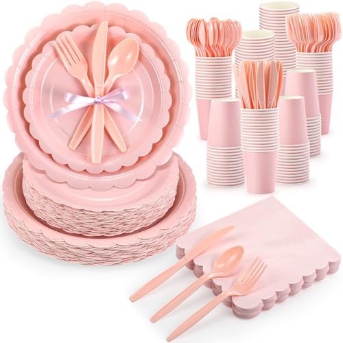 Ziliny 350 Pcs Light Pink Plates and Napkins, 50 Guest Spring Party Supplies Include Scalloped Paper Plates Napkins Cups Plastic Spoons Forks Knives Disposable Tableware Set for Baby Shower by Ziliny
