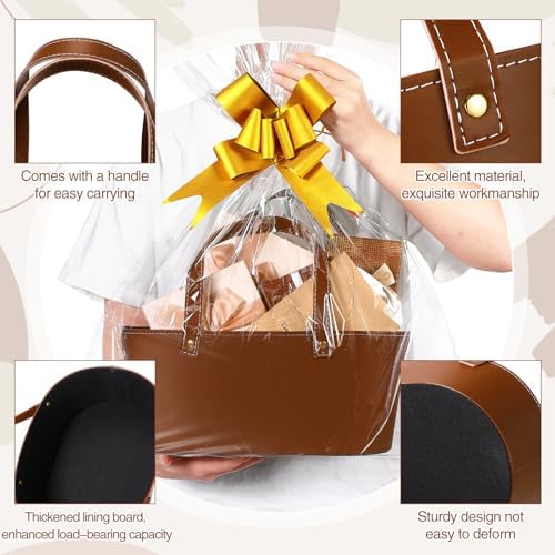 Wonderjune Empty Baskets for Gift Leather Thanksgiving Gift Bags, Brown - Image 3