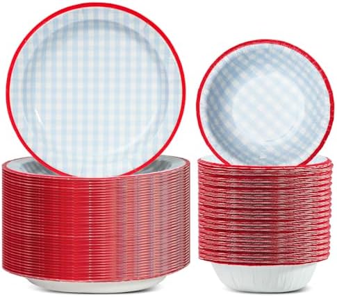 100 Pcs Gingham Paper Plates and Bowls Set - 50 Pcs 8.5 Inch Disposable Blue Gingham Plates and 50 Pcs Small Paper Bowls 8 oz Soak Proof, Cut Proof, Microwave Safe Party Supplies by DTFMZOV