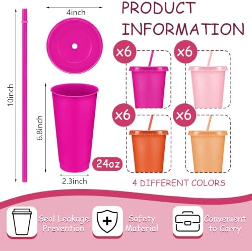 Skylety 24 Pcs Pink Orange Plastic Cups with Lids and Straws 24 oz - Image 2