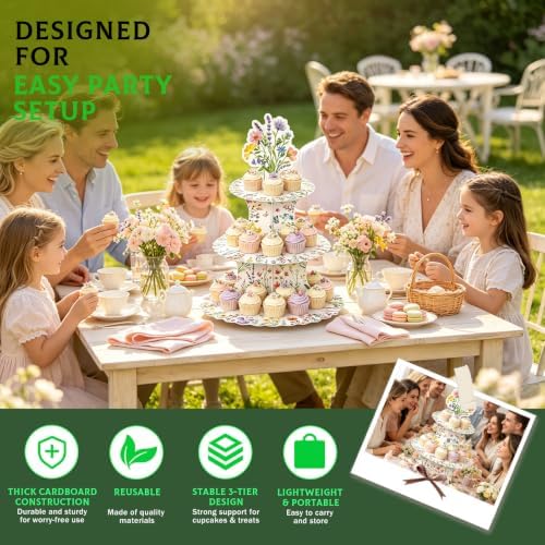 3 Tier Cardboard Cupcake Stand for 24 Cupcakes,Wildflower Party Decorations - Image 2