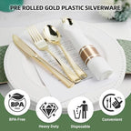 400PCS Pre Rolled Gold Plastic Silverware Sets, Include 100 Pack Wrapped Silverware Set, Rolled Silverware Disposable with Napkins for Parties and Weddings - Image 3