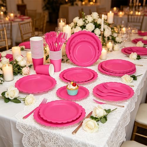 200Pcs Hot Pink Party Plates and Napkins, 9’’ Disposable Scalloped Hot Pink Paper Plates and 7’’ Hot Pink Dessert Plates Cups Napkins Forks Party Supplies for Birthday Party Decorations, Serves 40 - Image 3