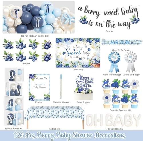 Party Inspo Blueberry Baby Shower Decorations – 126 PCs Fruit Themed Blue Berry Party Supplies with A Berry Sweet Baby Is on the Way Backdrop, Balloon Garland, Cake Topper, Sash, Badges - Image 2