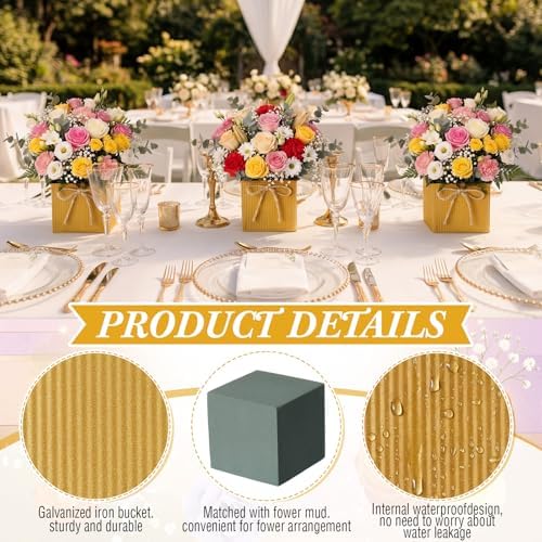 12 Pack Galvanized Square Vases with Floral Foam 3.5 Inch, Gold - Image 3