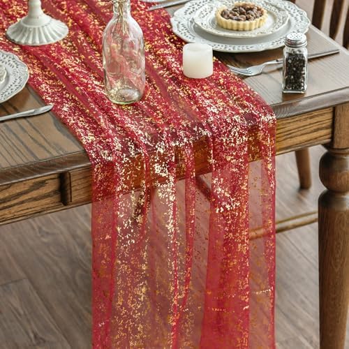 Artoid Mode Red Gold Gauze Table Runner 120 Inch 10Pcs, Glitter Metallic Foil Sheer Dining Wedding Anniversary Holiday Table Decor for Home Party by ArtoidMode