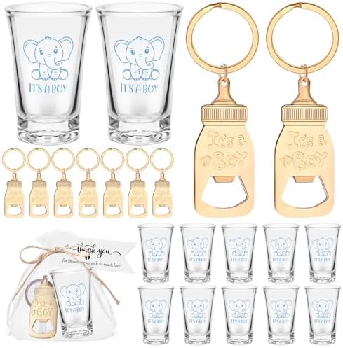 Vesici 20 Set Elephant Boy Baby Shower Favors for Guests Acrylic Shot Glasses Gold Bottle Opener Keychains Thank You Tags and Bags for Baby Shower Party Gender Reveal Party Guests Return Gift by Vesici