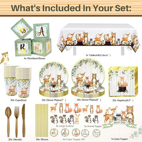MEGA 257 Pc Woodland Baby Shower Decorations Boy & Girl Kit, Forest Animal Theme, Gender Neutral Baby Shower Decor, BABY boxes, Backdrop, Banner, Balloon Garland, Tablecloth, Plates Cups -20 Guests - Image 2