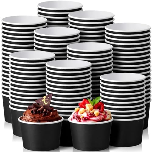 Honeydak 200 Pcs 4 oz Black Paper Ice Cream Cups Disposable Dessert Bowls for Hot or Cold Food Brown Paper Snack Containers for Sundae, Frozen Yogurt, Soup Baby Shower Party Supplies by Honeydak