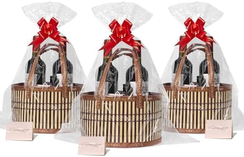 3-Pack Woven Bamboo Gift Baskets with Handles - Baby Shower & Birthday Party Storage - Empty Baskets with 3 Cellophane Bags & Gift Cards (Brown, 9.8×9.8×5.9 IN) by Unknown