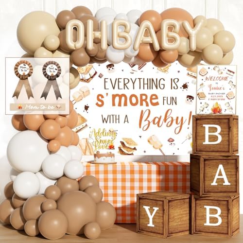 Hombae S’Mores Baby Shower Decorations, 140 Pcs Camping Baby Shower Party Supplies with Backdrop, Balloon Garland, Cake Topper, Sash for Camping Theme Party Decorations by Hombae
